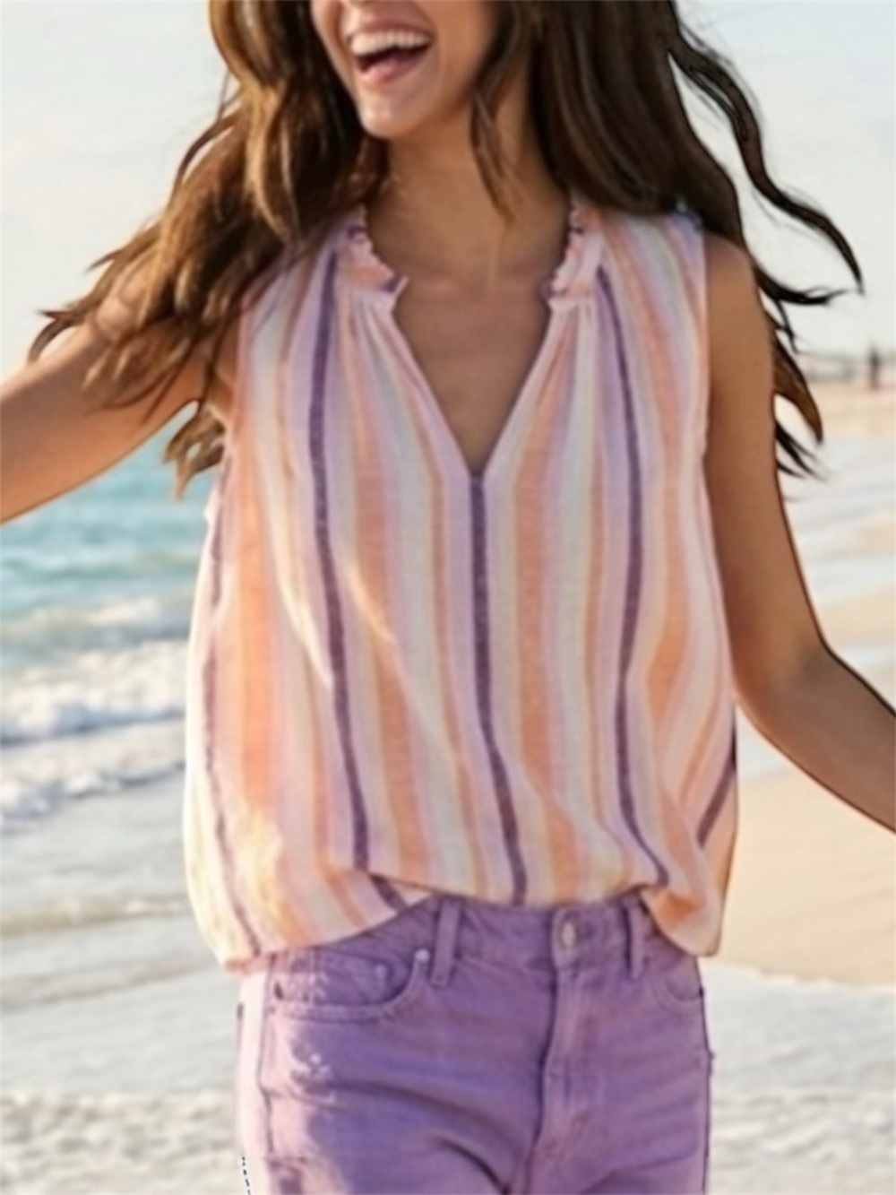 Rails Christy Luxe Linen Sleeveless Top Papaya Stripe Purple Orange Pink Size S